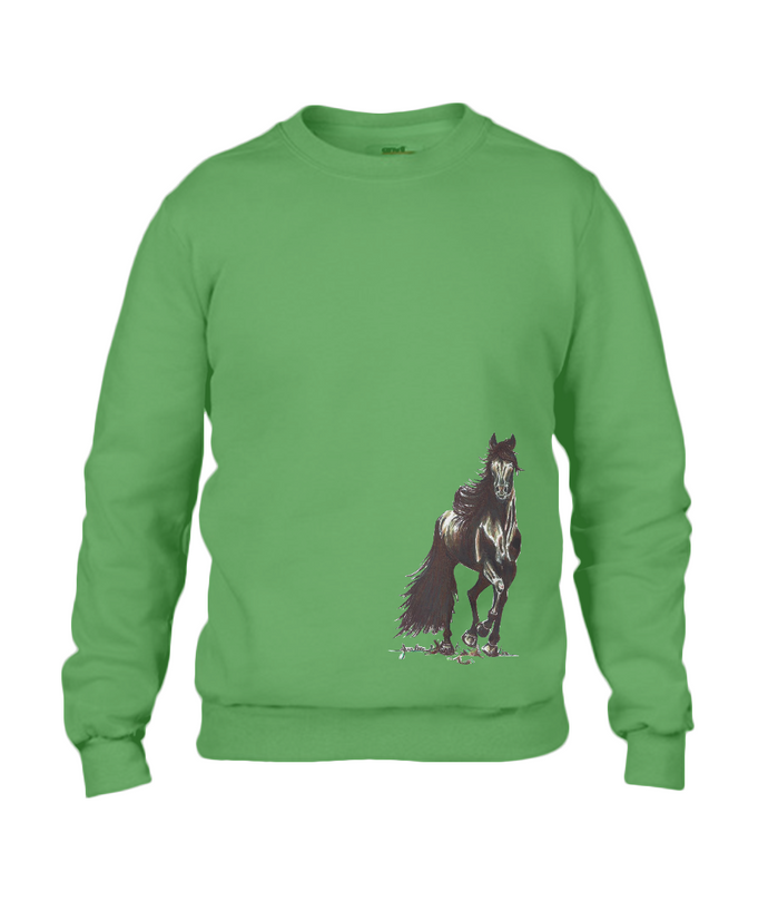 JanaRoos - T-shirts and Sweaters - Sweater - Packshot - Hand drawn illustration - Round neck - Long sleeves - Cotton - apple green - appel groen- merrie - horse - paard