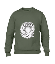 JanaRoos - T-shirts and Sweaters - Sweater - Packshot - Hand drawn illustration - Round neck - Long sleeves - Cotton - City green - khaki groen - White tiger - witte tijger