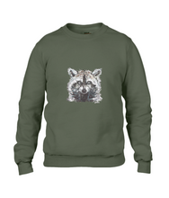 JanaRoos - T-shirts and Sweaters - Sweater - Packshot - Hand drawn illustration - Round neck - Long sleeves - Cotton - Khaki Green - Groen - raccoon - wasbeer - wasbeertje