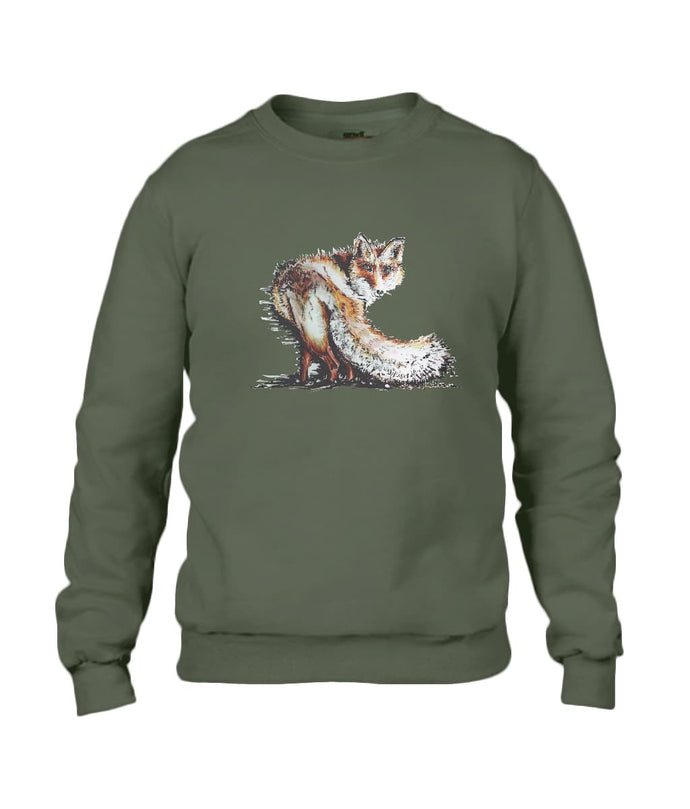 JanaRoos - T-shirts and Sweaters - Sweater - Packshot - Hand drawn illustration - Round neck - Long sleeves - Cotton - Khaki Green - Groen - Fire Fox - Vos