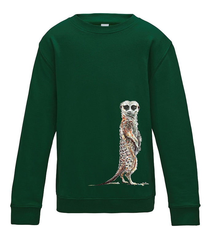 JanaRoos - T-shirts and Sweaters - Kid's Sweater - Packshot - Hand drawn illustration - Round neck - Long sleeves - Cotton - Bottle green- fles groen - meerkat - stokstaartje
