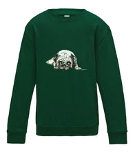 JanaRoos - T-shirts and Sweaters - Kid's Sweater - Packshot - Hand drawn illustration - Round neck - Long sleeves - Cotton - bottle green - fles groen - pugg - dog - mops - hond