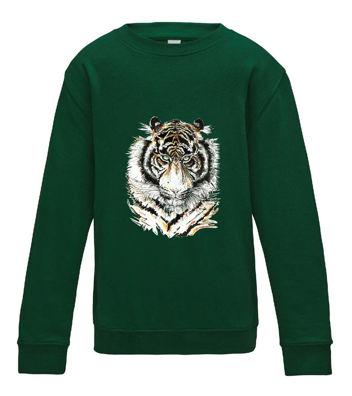 JanaRoos - T-shirts and Sweaters - Kid's Sweater - Packshot - Hand drawn illustration - Round neck - Long sleeves - Cotton - Bottle green - fles groen- Siberian tiger - Siberische tijger