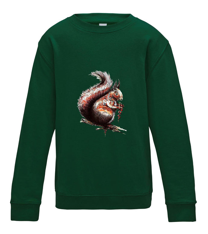 JanaRoos - T-shirts and Sweaters - Kid's Sweater - Packshot - Hand drawn illustration - Round neck - Long sleeves - Cotton - Bottle green- fles groen - squirrel - eekhoorn