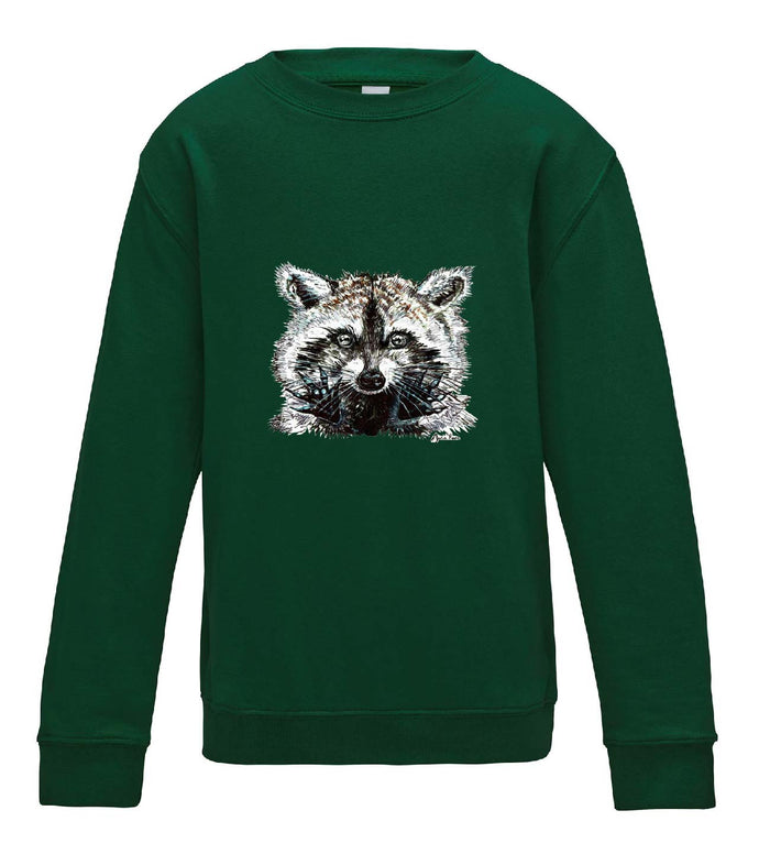 JanaRoos - T-shirts and Sweaters - Kid's Sweater - Packshot - Hand drawn illustration - Round neck - Long sleeves - Cotton - bottle green - fles groen - raccoon - wasbeer - wasbeertje