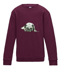 JanaRoos - T-shirts and Sweaters - Kid's Sweater - Packshot - Hand drawn illustration - Round neck - Long sleeves - Cotton - burgundy - paars - pugg - dog - mops - hond