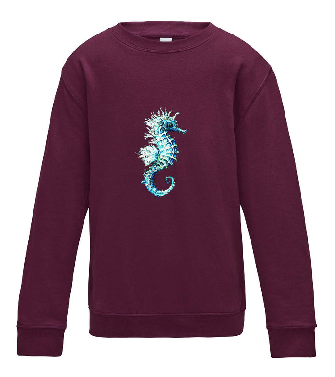 JanaRoos - T-shirts and Sweaters - Kid's Sweater - Packshot - Hand drawn illustration - Round neck - Long sleeves - Cotton - burgundy - paars - sea horse - zeepaardje