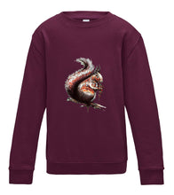 JanaRoos - T-shirts and Sweaters - Kid's Sweater - Packshot - Hand drawn illustration - Round neck - Long sleeves - Cotton - Burgundy - paars  - squirrel - eekhoorn