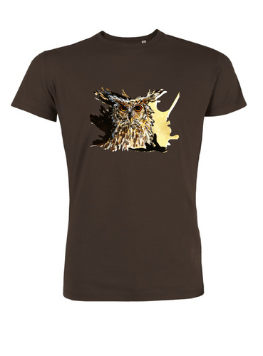 JanaRoos - T-shirts and Sweaters - Men T-shirt - Packshot - Hand drawn illustration - Round neck - short sleeves - Cotton - Chocolat brown - chocolade bruin - coffee owl - koffie uil