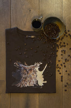 Men's t-shirt Coffee owl chocolate brown print design drawing organic cotton short sleeved round neck coffee beans barrista uil bruin