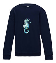 JanaRoos - T-shirts and Sweaters - Kid's Sweater - Packshot - Hand drawn illustration - Round neck - Long sleeves - Cotton - oxford navy blue - marine Blauw - sea horse - zeepaardje