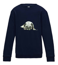 JanaRoos - T-shirts and Sweaters - Kid's Sweater - Packshot - Hand drawn illustration - Round neck - Long sleeves - Cotton - oxford navy - marine blauw- pugg - dog - mops - hond