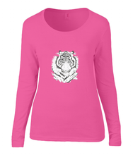 Women T-shirt -  organic cotton - long sleeved - round neck - coral pink - roos - printdesign - drawing - JanaRoos - White Tiger -Witte tijger