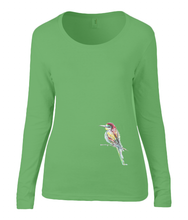 Women T-shirt -  organic cotton - long sleeved - round neck - black - zwart - printdesign - drawing - JanaRoos - apple green - appel groen -  colorful bird - kingfisher - ijsvogel - vogel