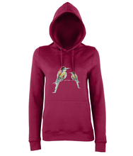 JanaRoos - women's Hoodie - Packshot - Hand drawn illustration - Round neck - Long sleeves - Cotton - red hot chilli- Colorful birds - kingfisher