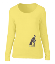 Women T-shirt -  organic cotton - long sleeved - round neck - green - groen - printdesign - drawing - JanaRoos - horse - black merrie - paard