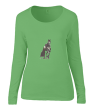 Women T-shirt -  organic cotton - long sleeved - round neck - green - groen - printdesign - drawing - JanaRoos - horse - black merrie - paard