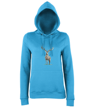 JanaRoos - women's Hoodie - Packshot - Hand drawn illustration - Round neck - Long sleeves - Cotton -sapphire blue - deer colored