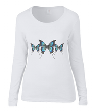 Women T-shirt -  organic cotton - long sleeved - round neck - white - wit - printdesign - drawing - JanaRoos - butterflies - vlinders