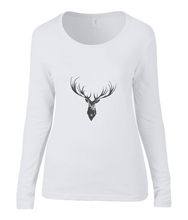 Women T-shirt -  organic cotton - long sleeved - round neck - white - wit - printdesign - drawing - JanaRoos - reindeer - deer - rendier - hert