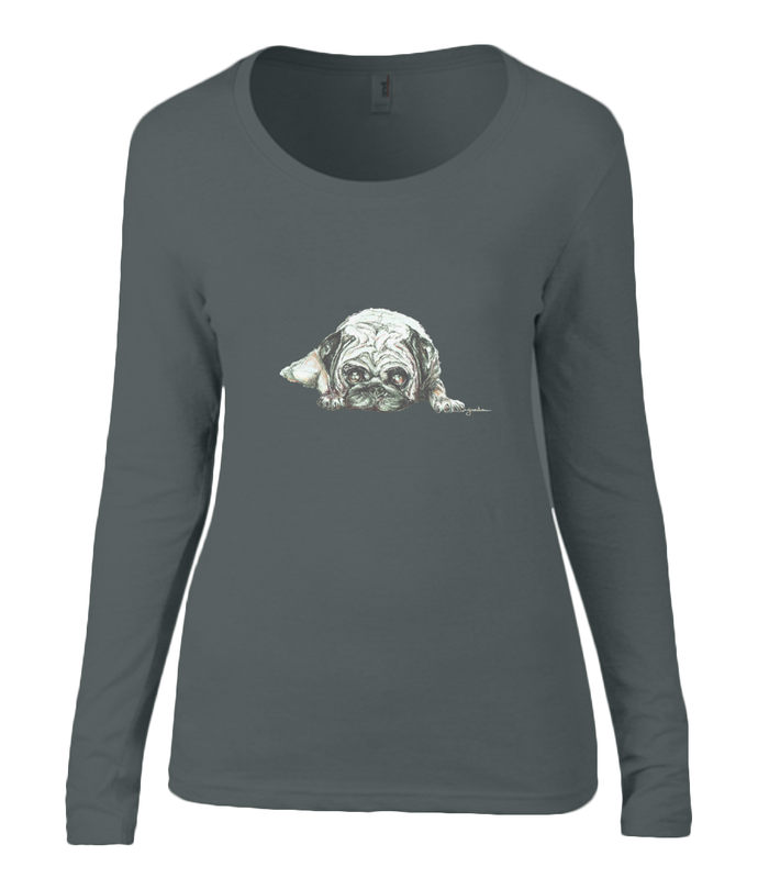 Women T-shirt -  organic cotton - long sleeved - round neck - black - zwart - printdesign - drawing - JanaRoos - Pugg - mops - dog - hond 