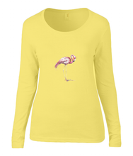 Women T-shirt -  organic cotton - long sleeved - round neck - yellow - geel - printdesign - drawing - JanaRoos -Pink flamingo 