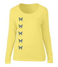 Women T-shirt -  organic cotton - long sleeved - round neck - yellow - geel - printdesign - drawing - JanaRoos - butterflies - vlinders