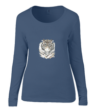 Women T-shirt -  organic cotton - long sleeved - round neck - navy blue - marine blauw - printdesign - drawing - JanaRoos -  Siberian Tiger - siberische tijger