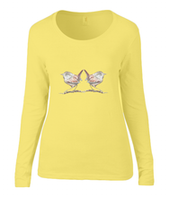 Women T-shirt -  organic cotton - long sleeved - round neck - yellow - geel - printdesign - drawing - JanaRoos - wren - winterkoninkje