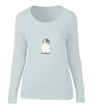 Women T-shirt -  organic cotton - long sleeved - round neck - silver grey - zilver grijs - printdesign - drawing - JanaRoos - penguin - pinguïn