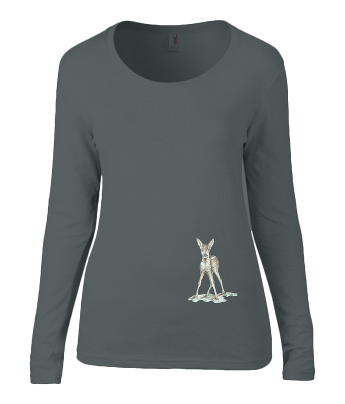 Women T-shirt -  organic cotton - long sleeved - round neck - black - zwart - printdesign - drawing - JanaRoos -black - zwart- bambi - baby deer - hert