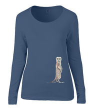 Women T-shirt -  organic cotton - long sleeved - round neck- navy blue - marine blauw - printdesign - drawing - JanaRoos - meerkat - stokstaartje