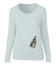 Women T-shirt -  organic cotton - long sleeved - round neck - silver grey - zliver grijs - printdesign - drawing - JanaRoos - horse - black merrie - paard