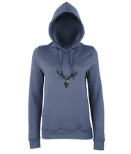 JanaRoos - women's Hoodie - Packshot - Hand drawn illustration - Round neck - Long sleeves - Cotton -airforce blue- Deer black ink