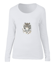 Women T-shirt -  organic cotton - long sleeved - round neck - White - wit-  printdesign - drawing - JanaRoos -  Siberian Tiger - siberische tijger