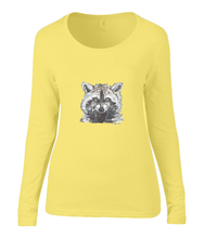 Women T-shirt -  organic cotton - long sleeved - round neck - yellow - geel - printdesign - drawing - JanaRoos - raccoon - wasbeer