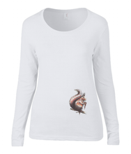 Women T-shirt -  organic cotton - long sleeved - round neck - white - wit - printdesign - drawing - JanaRoos - squirrel