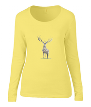 Women T-shirt -  organic cotton - long sleeved - round neck - yellow - geel - printdesign - drawing - JanaRoos - reindeer - deer - rendier - hert