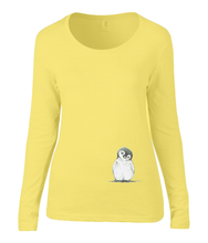 Women T-shirt -  organic cotton - long sleeved - round neck -yellow - geel- printdesign - drawing - JanaRoos - penguin - pinguïn