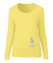 Women T-shirt -  organic cotton - long sleeved - round neck - black - zwart - printdesign - drawing - JanaRoos -yellow - geel - bambi - baby deer - hert