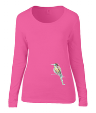 Women T-shirt -  organic cotton - long sleeved - round neck - black - zwart - printdesign - drawing - JanaRoos - coral rose - roos - colorful bird - kingfisher - ijsvogel - vogel