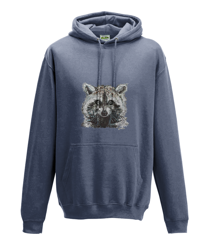 JanaRoos - Hoodie - Packshot - Hand drawn illustration - Round neck - Long sleeves - Cotton -airforce blue - raccoon - wasbeer