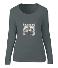 Women T-shirt -  organic cotton - long sleeved - round neck - black - zwart - printdesign - drawing - JanaRoos - raccoon - wasbeer