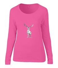 Women T-shirt -  organic cotton - long sleeved - round neck - coral - roos - printdesign - drawing - JanaRoos - reindeer - deer - rendier - hert