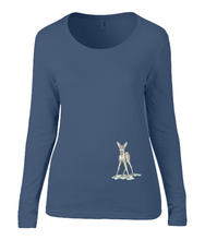 Women T-shirt -  organic cotton - long sleeved - round neck - navy blue - marine blauw - printdesign - drawing - JanaRoos -Navy Blue - marine blauw - bambi - baby deer - hert