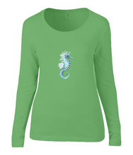 Women T-shirt -  organic cotton - long sleeved - round neck - printdesign - drawing - JanaRoos - green - groen - sea-horse - zeepaardje 