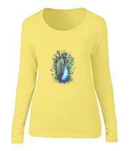 Women T-shirt -  organic cotton - long sleeved - round neck -yellow - geel - printdesign - drawing - JanaRoos - Peacock - Pauw