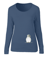 Women T-shirt -  organic cotton - long sleeved - round neck - navy blue - marine blauw - printdesign - drawing - JanaRoos - penguin - pinguïn