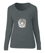 Women T-shirt -  organic cotton - long sleeved - round neck - black - zwart - printdesign - drawing - JanaRoos -  Siberian Tiger - siberische tijger