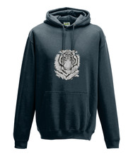 JanaRoos - Hoodie - Packshot - Hand drawn illustration - Round neck - Long sleeves - Cotton -navy blue - white tiger - witte tijger